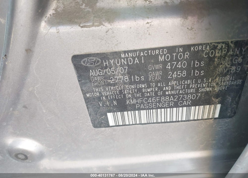 2008 HYUNDAI AZERA LIMITED VIN: KMHFC46F88A273807