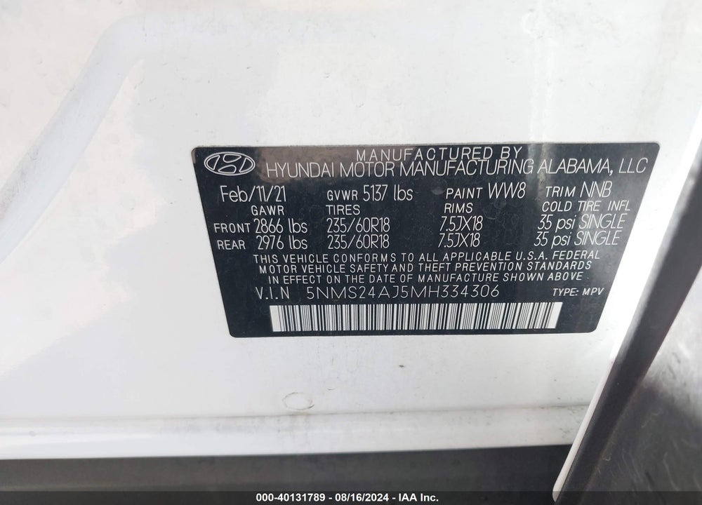 2021 HYUNDAI SANTA FE SEL VIN: 5NMS24AJ5MH334306