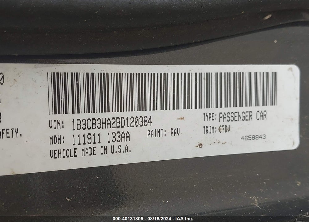 2011 DODGE CALIBER MAINSTREET VIN: 1B3CB3HA2BD120384