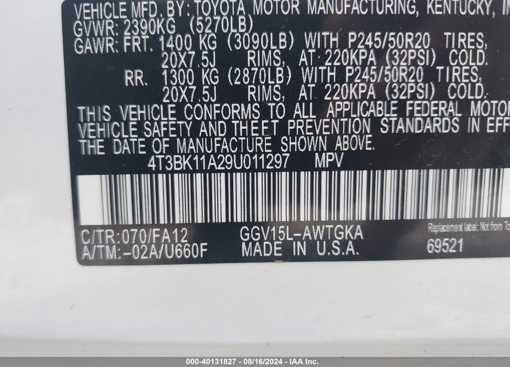 2009 TOYOTA VENZA BASE V6 VIN: 4T3BK11A29U011297