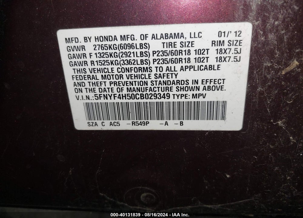 2012 HONDA PILOT EX-L VIN: 5FNYF4H50CB029349
