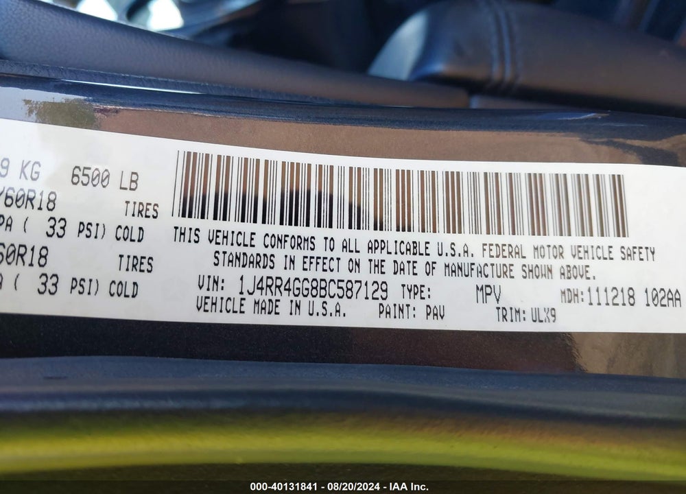 2011 JEEP GRAND CHEROKEE LAREDO VIN: 1J4RR4GG8BC587129