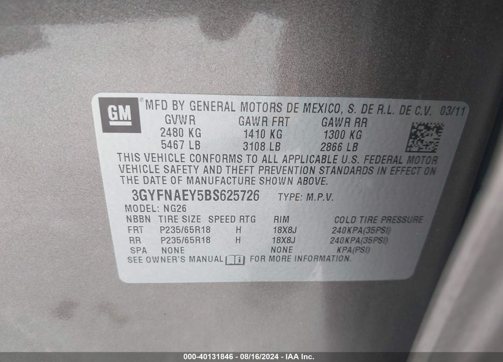 2011 CADILLAC SRX LUXURY COLLECTION VIN: 3GYFNAEY5BS625726