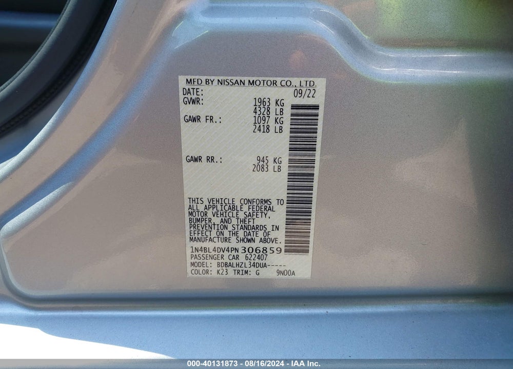 2023 NISSAN ALTIMA VIN: 1N4BL4DV4PN306859