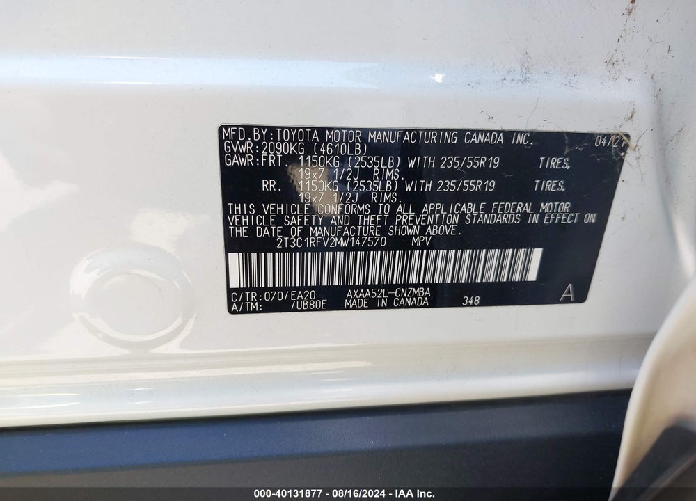 2021 TOYOTA RAV4 XLE PREMIUM VIN: 2T3C1RFV2MW147570