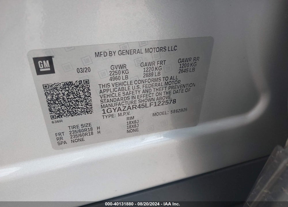 2020 CADILLAC XT4 FWD LUXURY VIN: 1GYAZAR45LF122578