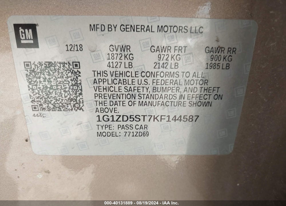 2019 CHEVROLET MALIBU LT VIN: 1G1ZD5ST7KF144587