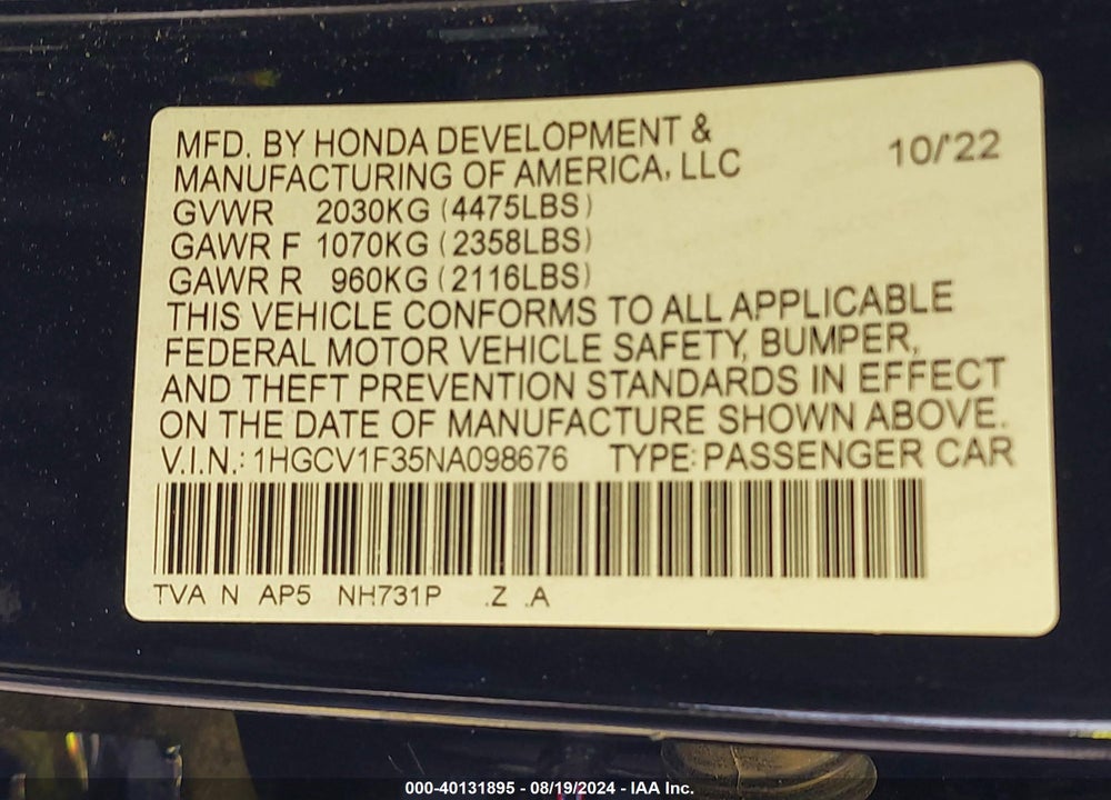 2022 HONDA ACCORD SPORT VIN: 1HGCV1F35NA098676