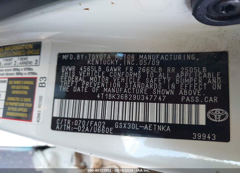 2009 TOYOTA AVALON XL VIN: 4T1BK36B29U347747