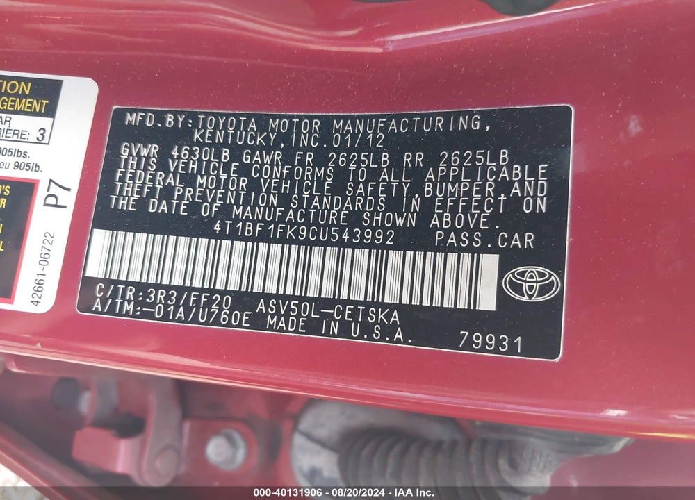 2012 TOYOTA CAMRY SE VIN: 4T1BF1FK9CU543992