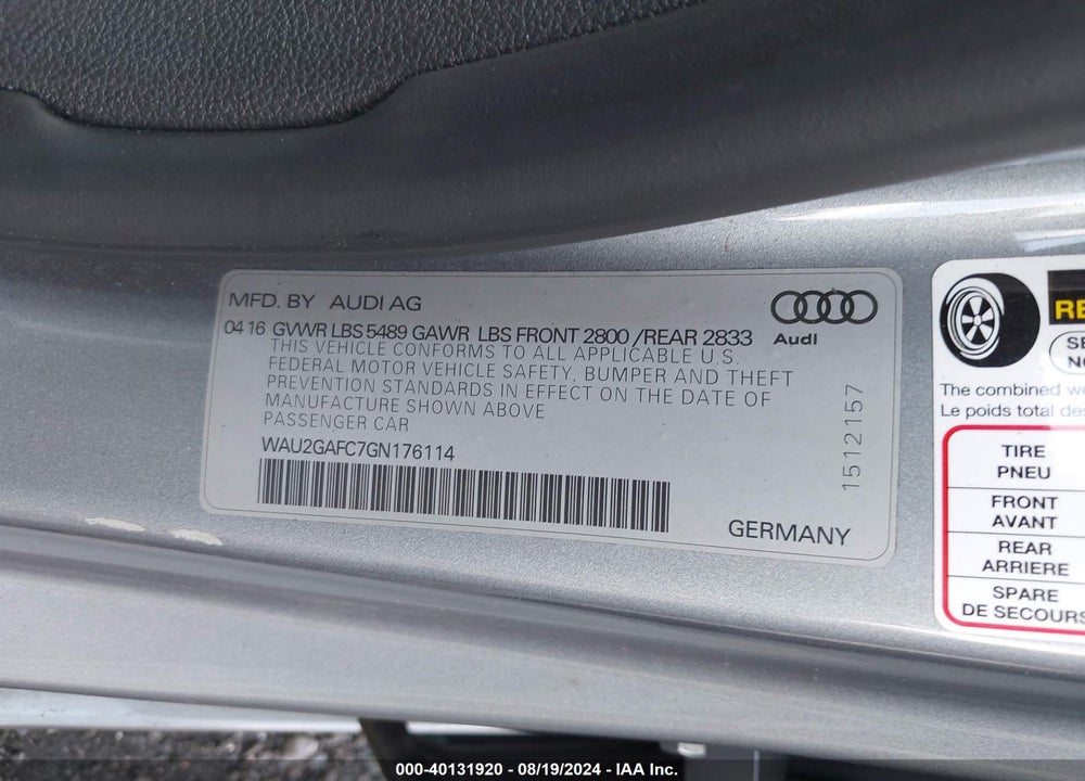 2016 AUDI A7 3.0T PREMIUM PLUS VIN: WAU2GAFC7GN176114