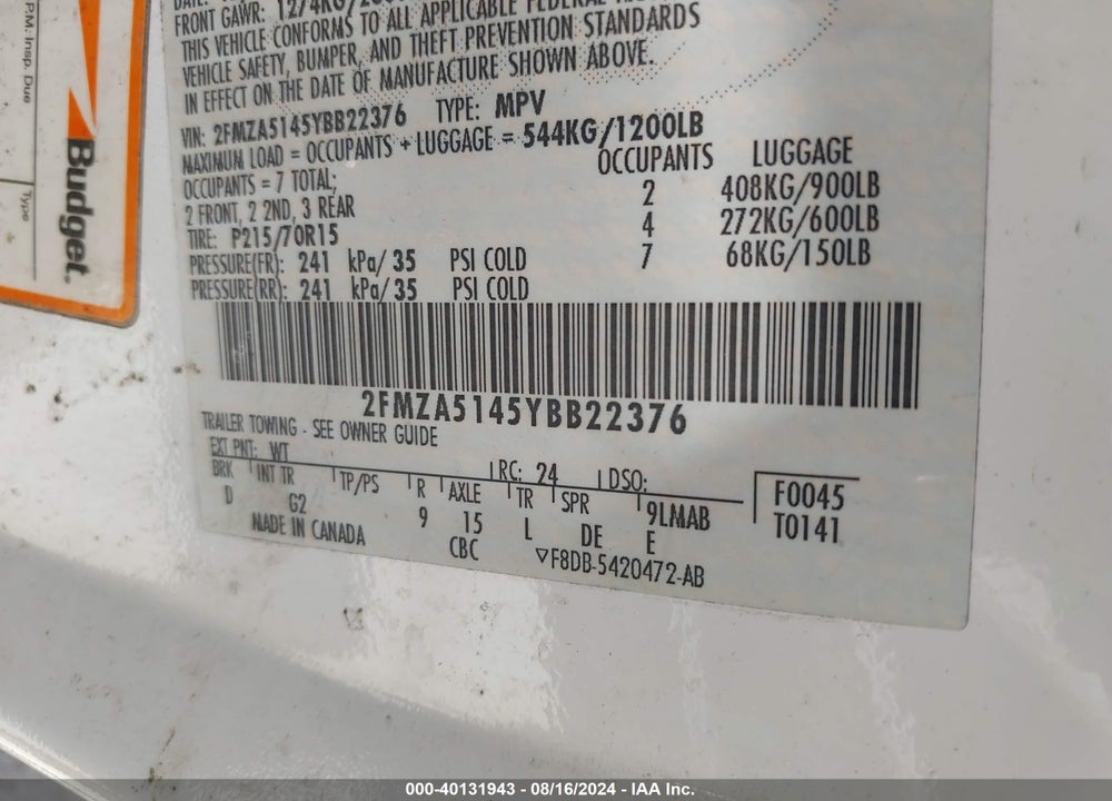 2000 FORD WINDSTAR VIN: 2FMZA5145YBB22376