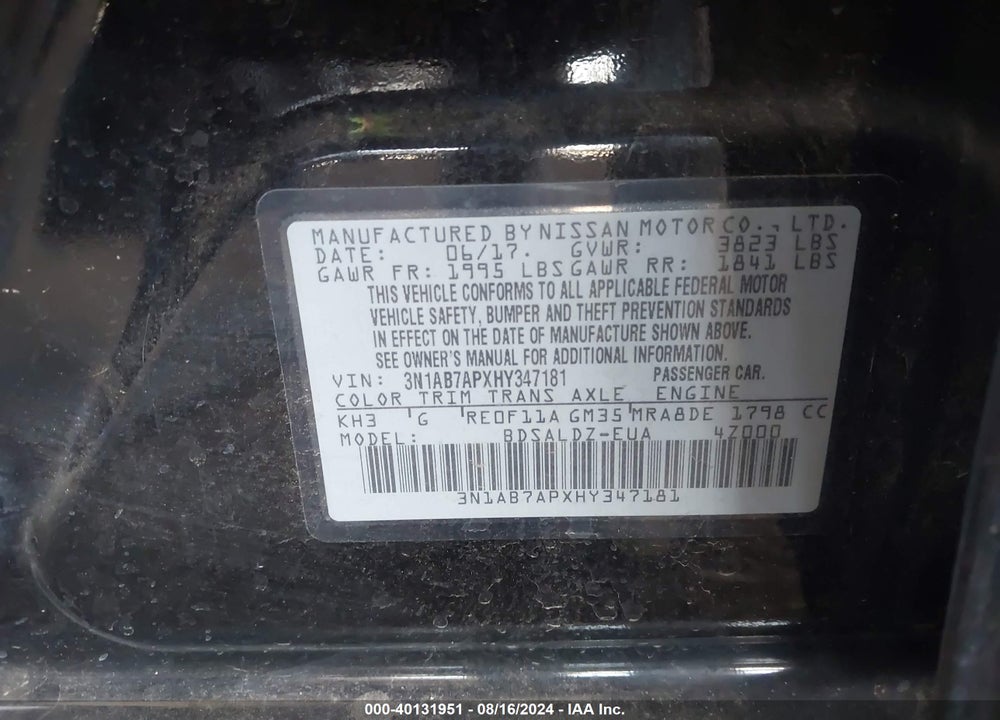 2017 NISSAN SENTRA VIN: 3N1AB7APXHY347181