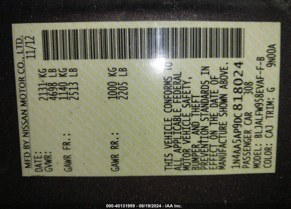 2013 NISSAN MAXIMA VIN: 1N4AA5AP9DC818024