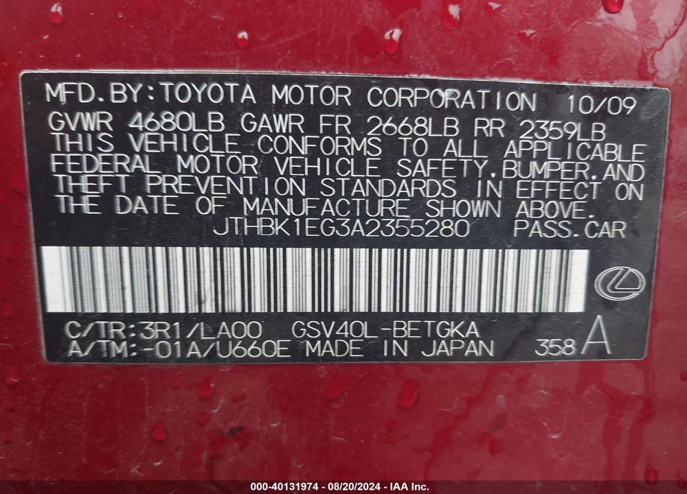 2010 LEXUS ES 350 VIN: JTHBK1EG3A2355280