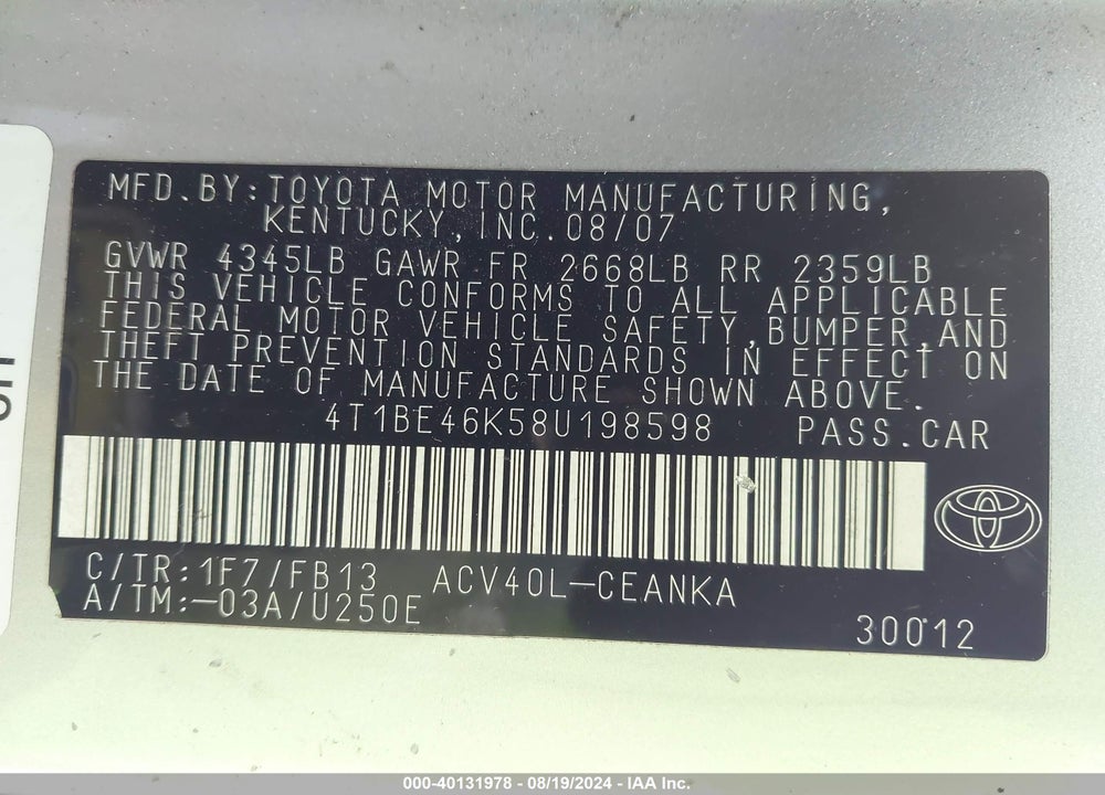 2008 TOYOTA CAMRY LE VIN: 4T1BE46K58U198598
