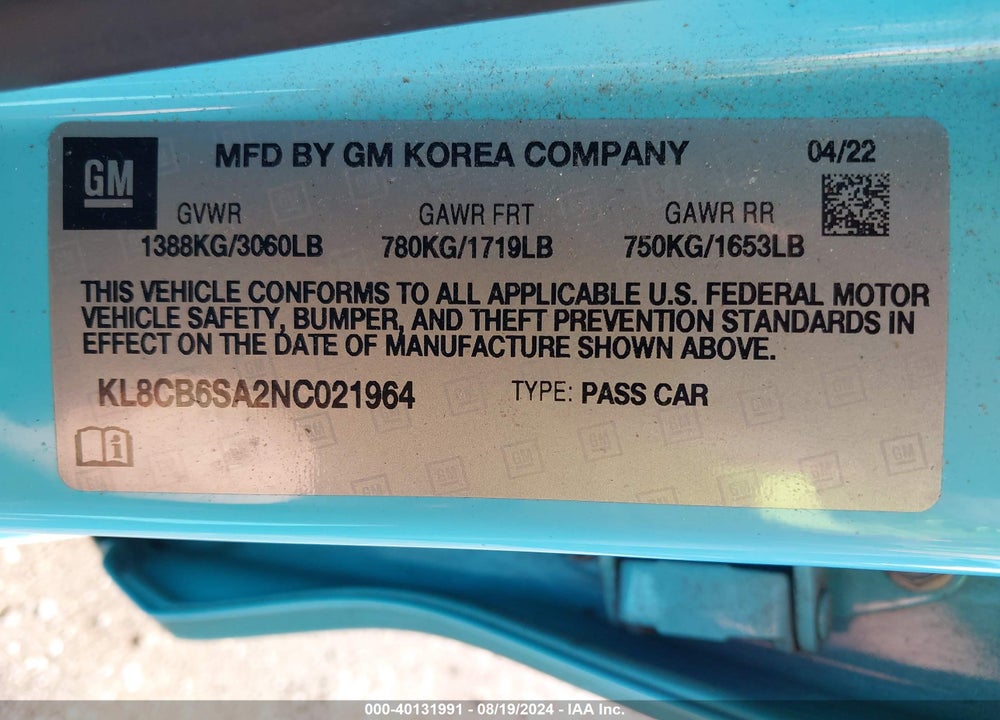 2022 CHEVROLET SPARK FWD LS AUTOMATIC VIN: KL8CB6SA2NC021964