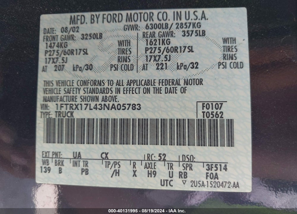 2003 FORD F-150 LARIAT/XL/XLT/XLT HERITAGE VIN: 1FTRX17L43NA05783