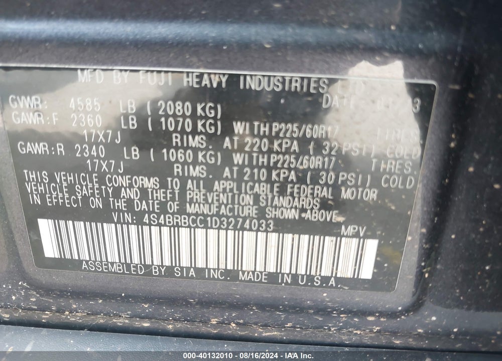 2013 SUBARU OUTBACK 2.5I PREMIUM VIN: 4S4BRBCC1D3274033