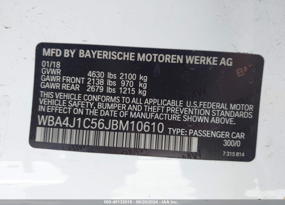 2018 BMW 430I GRAN COUPE VIN: WBA4J1C56JBM10610