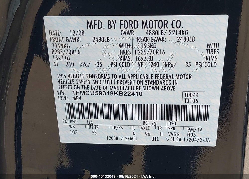2009 FORD ESCAPE HYBRID LIMITED VIN: 1FMCU59319KB22410