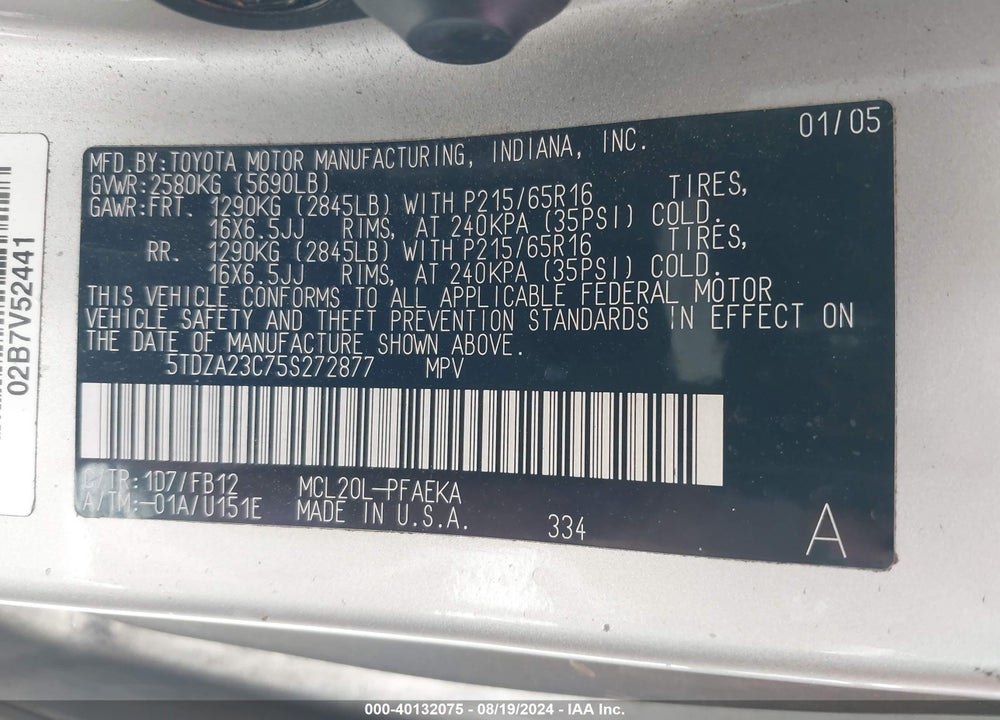 2005 TOYOTA SIENNA LE VIN: 5TDZA23C75S272877