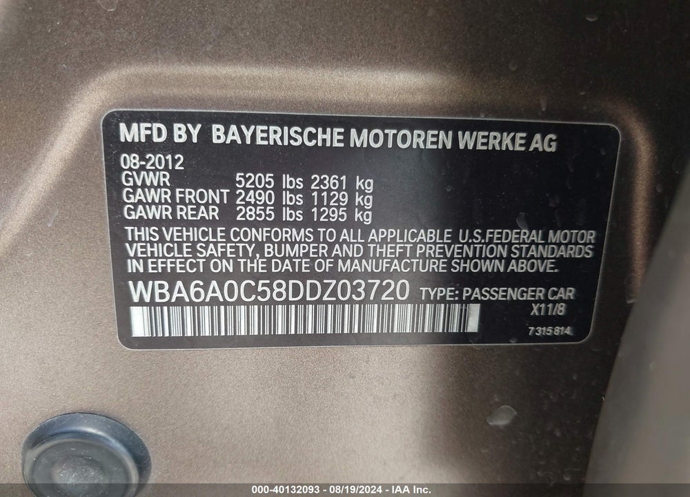 2013 BMW 640I GRAN COUPE VIN: WBA6A0C58DDZ03720
