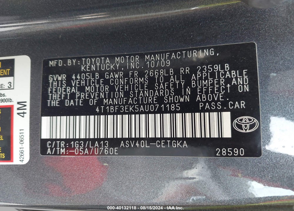 2010 TOYOTA CAMRY XLE VIN: 4T1BF3EK5AU071185
