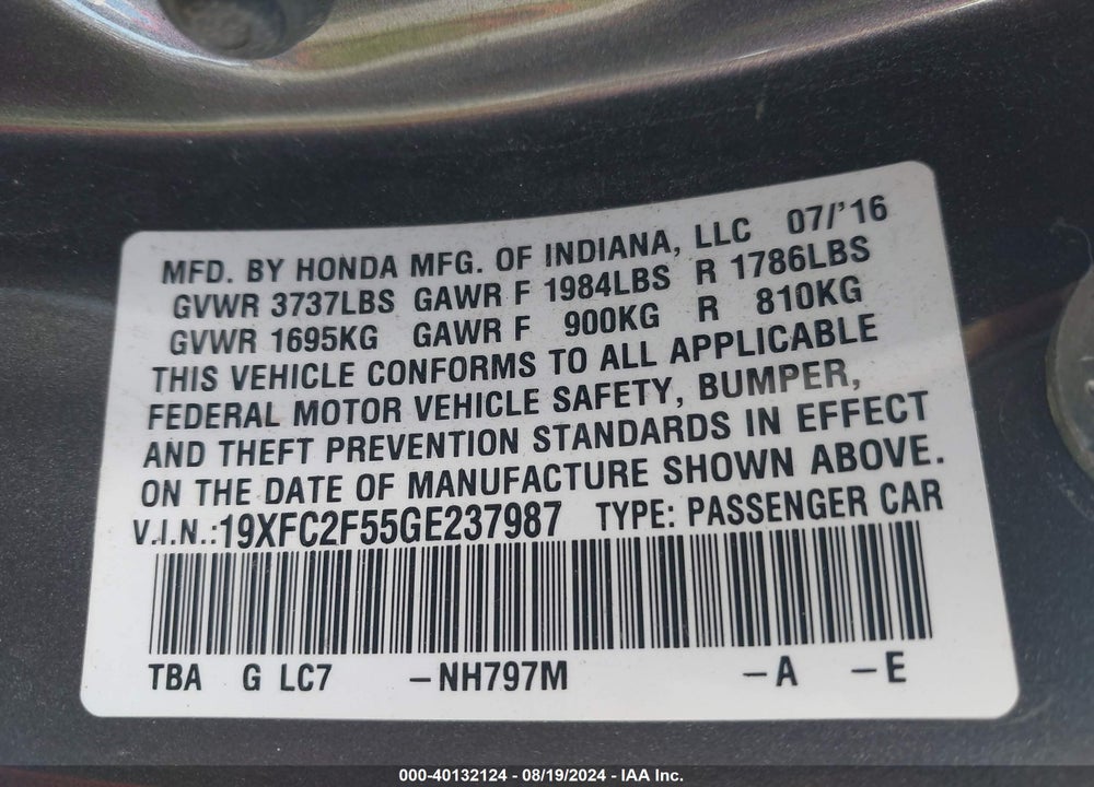 2016 HONDA CIVIC LX VIN: 19XFC2F55GE237987