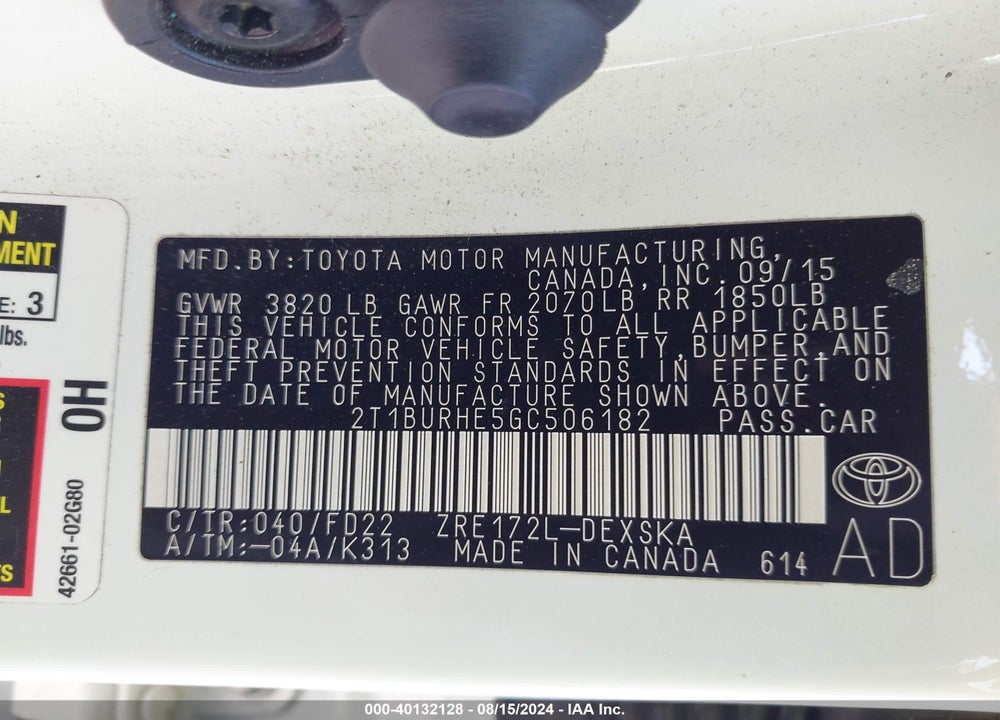 2016 TOYOTA COROLLA S W/SPECIAL EDITION PKG VIN: 2T1BURHE5GC506182