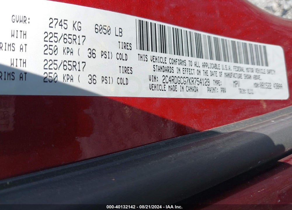 2019 DODGE GRAND CARAVAN SXT VIN: 2C4RDGCG7KR754129