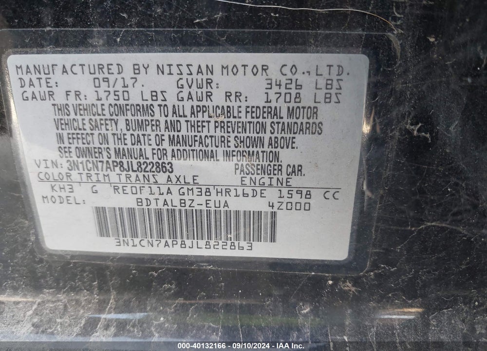 2018 NISSAN VERSA 1.6 SV VIN: 3N1CN7AP8JL822863