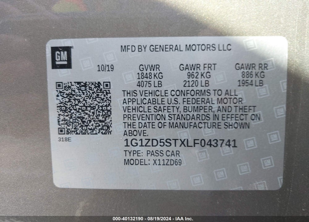 2020 CHEVROLET MALIBU FWD LT VIN: 1G1ZD5STXLF043741