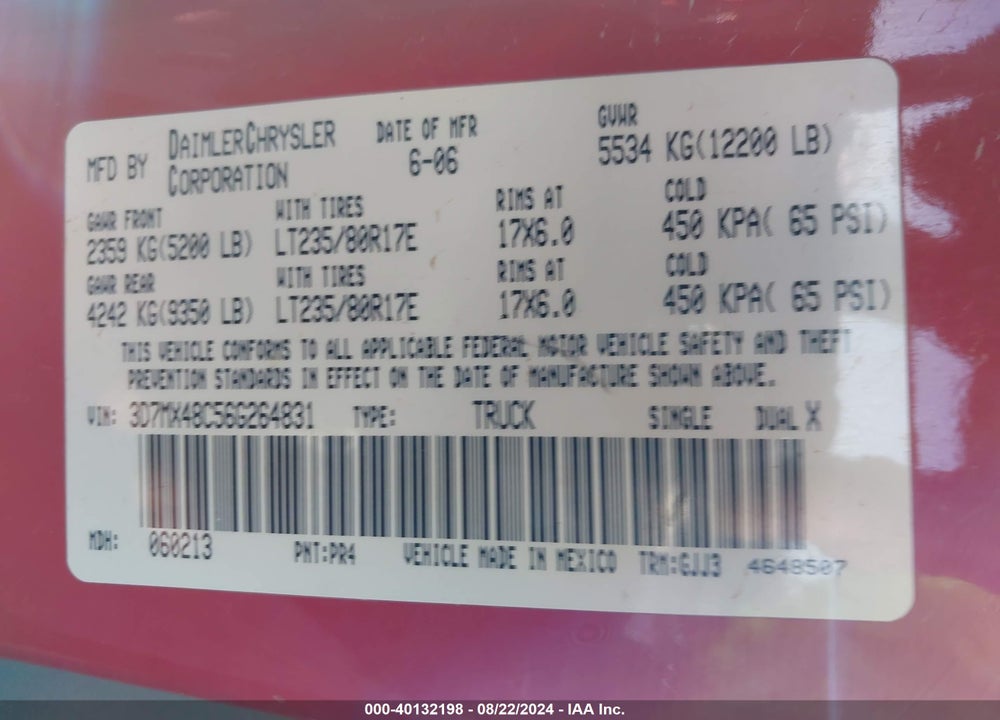 2006 DODGE RAM 3500 LARAMIE VIN: 3D7MX48C56G264831