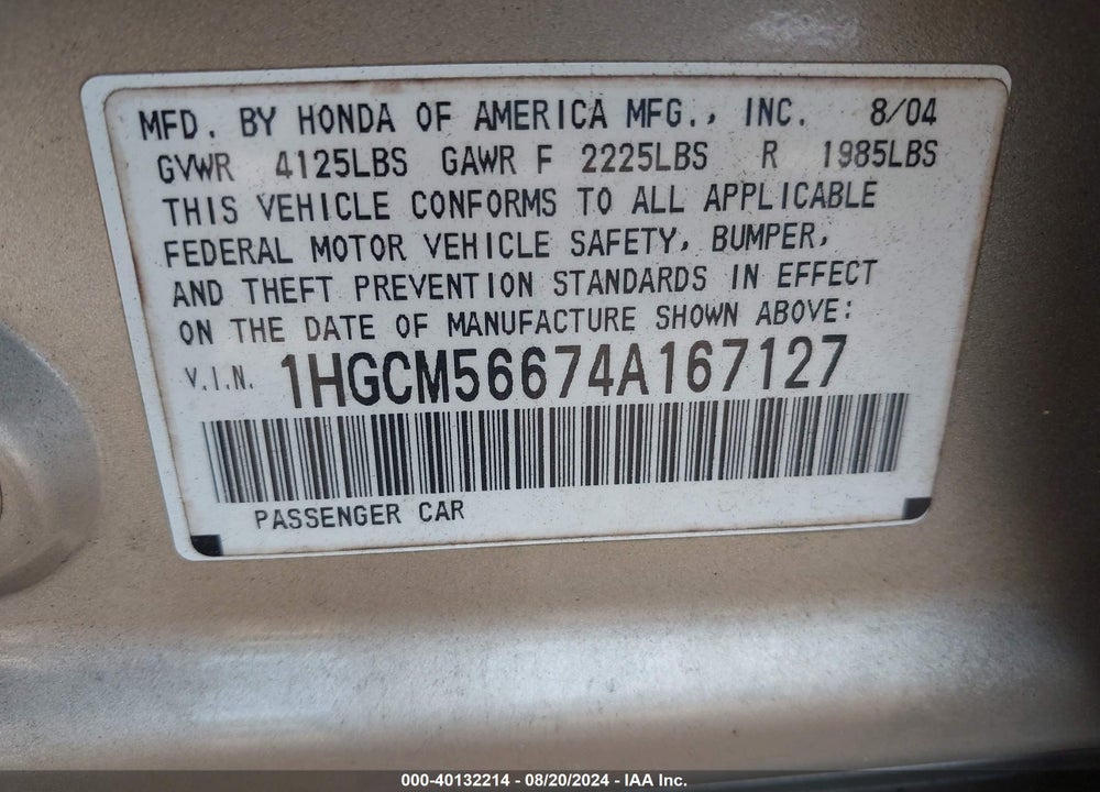 2004 HONDA ACCORD 2.4 EX VIN: 1HGCM56674A167127