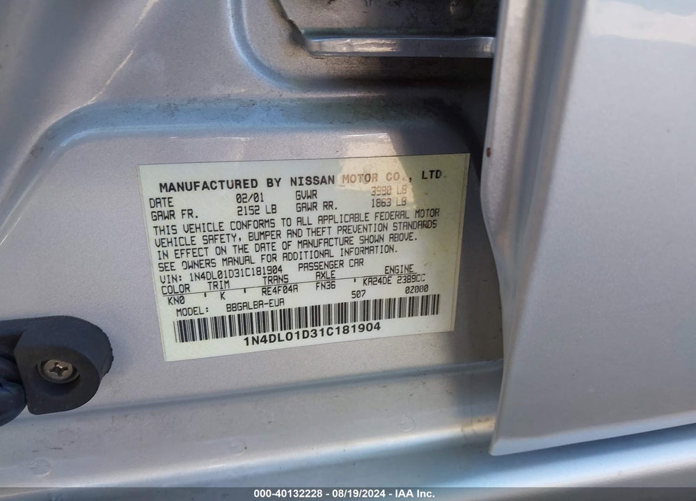 2001 NISSAN ALTIMA GXE VIN: 1N4DL01D31C181904