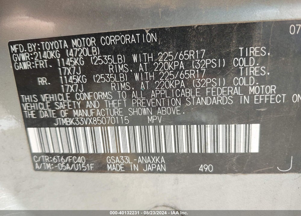 2008 TOYOTA RAV4 BASE V6 VIN: JTMBK33VX85070115
