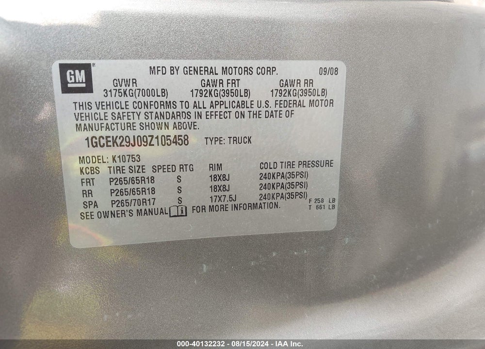 2009 CHEVROLET SILVERADO 1500 LT VIN: 1GCEK29J09Z105458