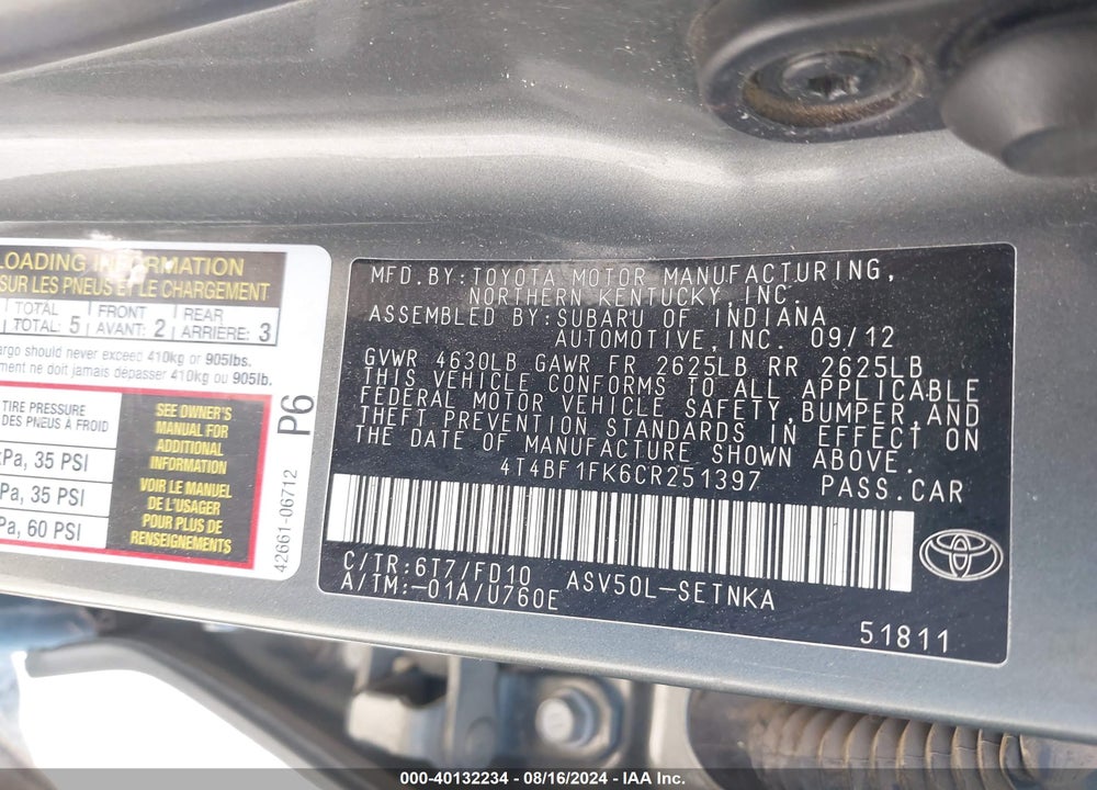 2012 TOYOTA CAMRY LE VIN: 4T4BF1FK6CR251397