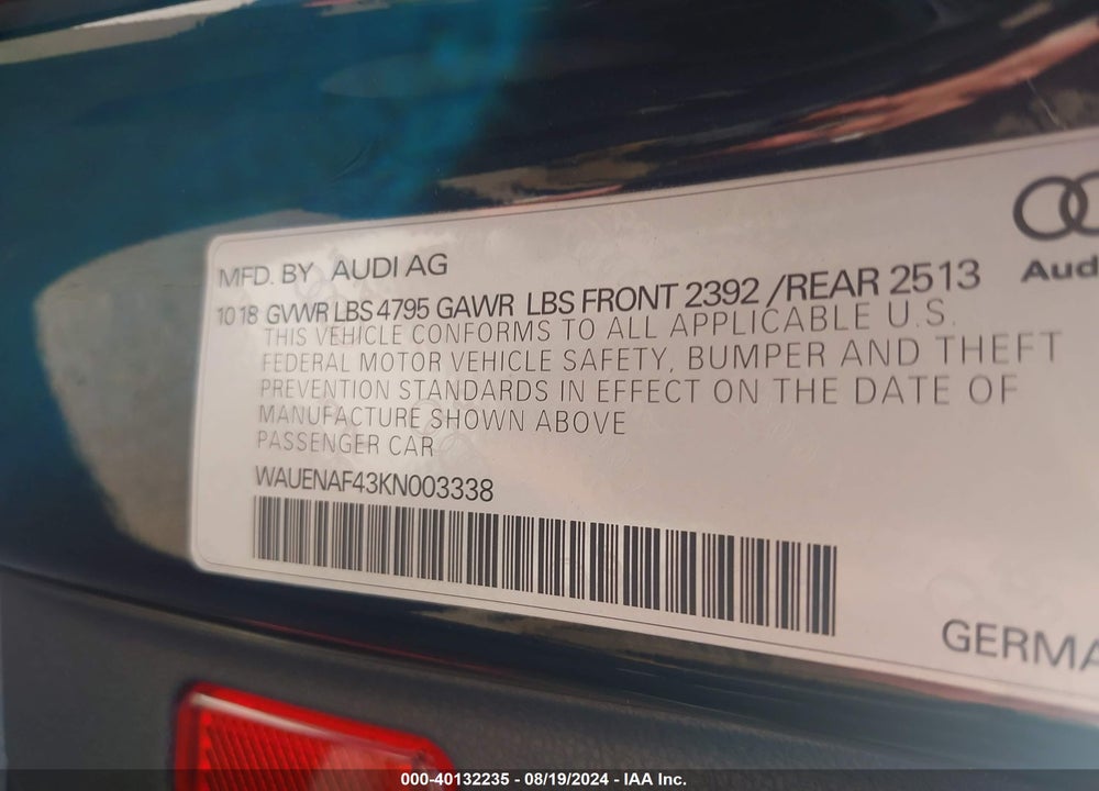 2019 AUDI A4 45 PREMIUM VIN: WAUENAF43KN003338
