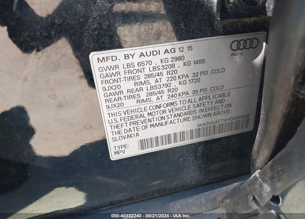2017 AUDI Q7 3.0T PREMIUM VIN: WA1VAAF74HD005908