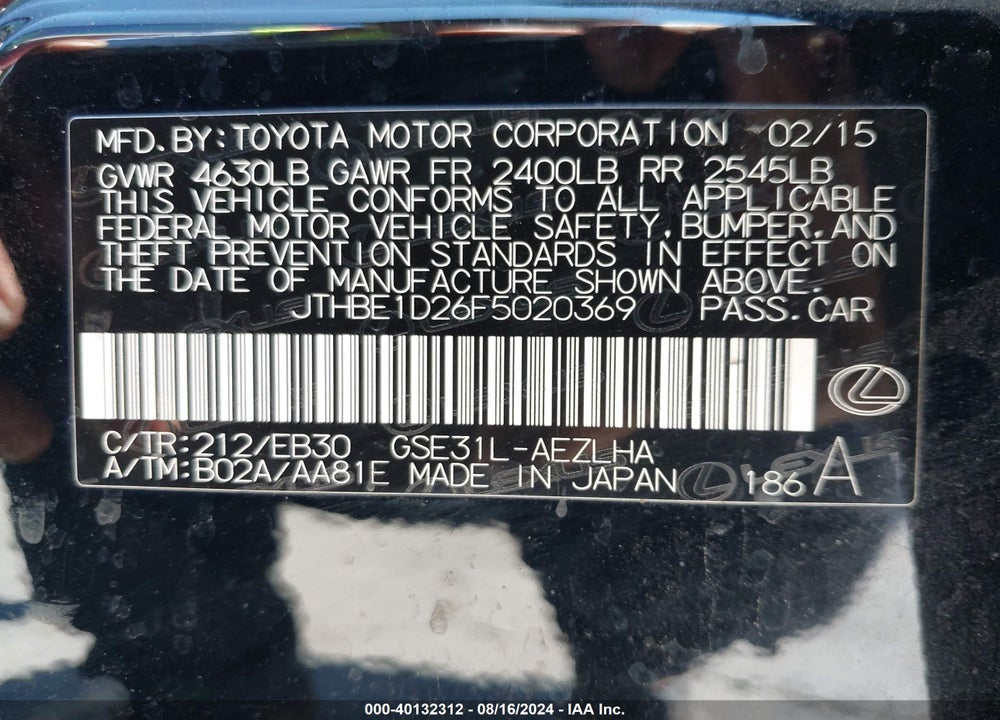 2015 LEXUS IS 350 VIN: JTHBE1D26F5020369