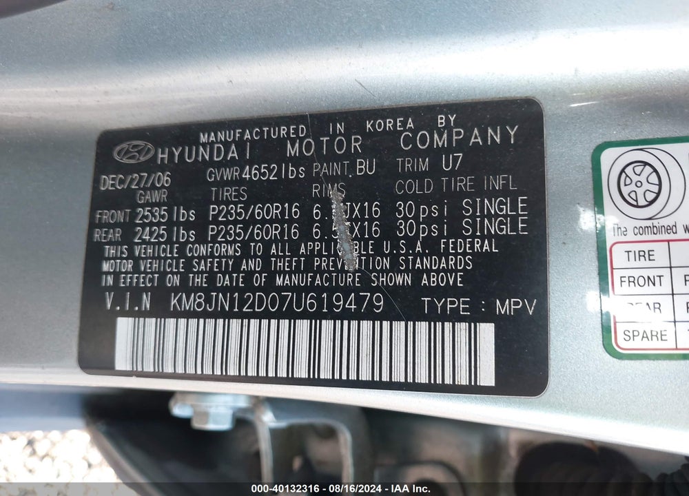 2007 HYUNDAI TUCSON LIMITED/SE VIN: KM8JN12D07U619479