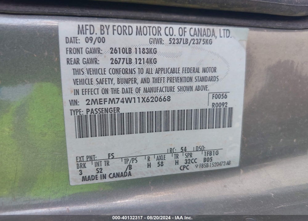 2001 MERCURY GRAND MARQUIS GS VIN: 2MEFM74W11X620668