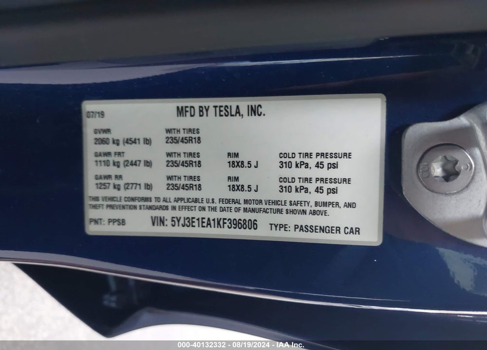 2019 TESLA MODEL 3 LONG RANGE/MID RANGE/STANDARD RANGE/STANDARD RANGE PLUS VIN: 5YJ3E1EA1KF396806