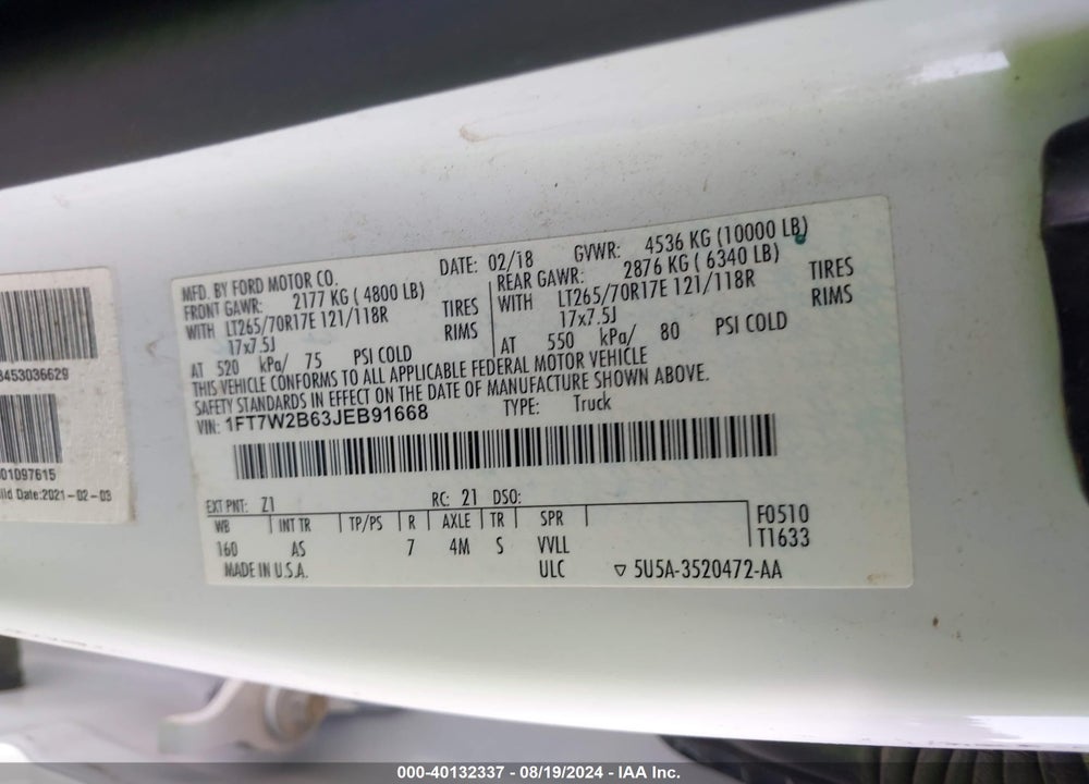 2018 FORD F-250 XL VIN: 1FT7W2B63JEB91668