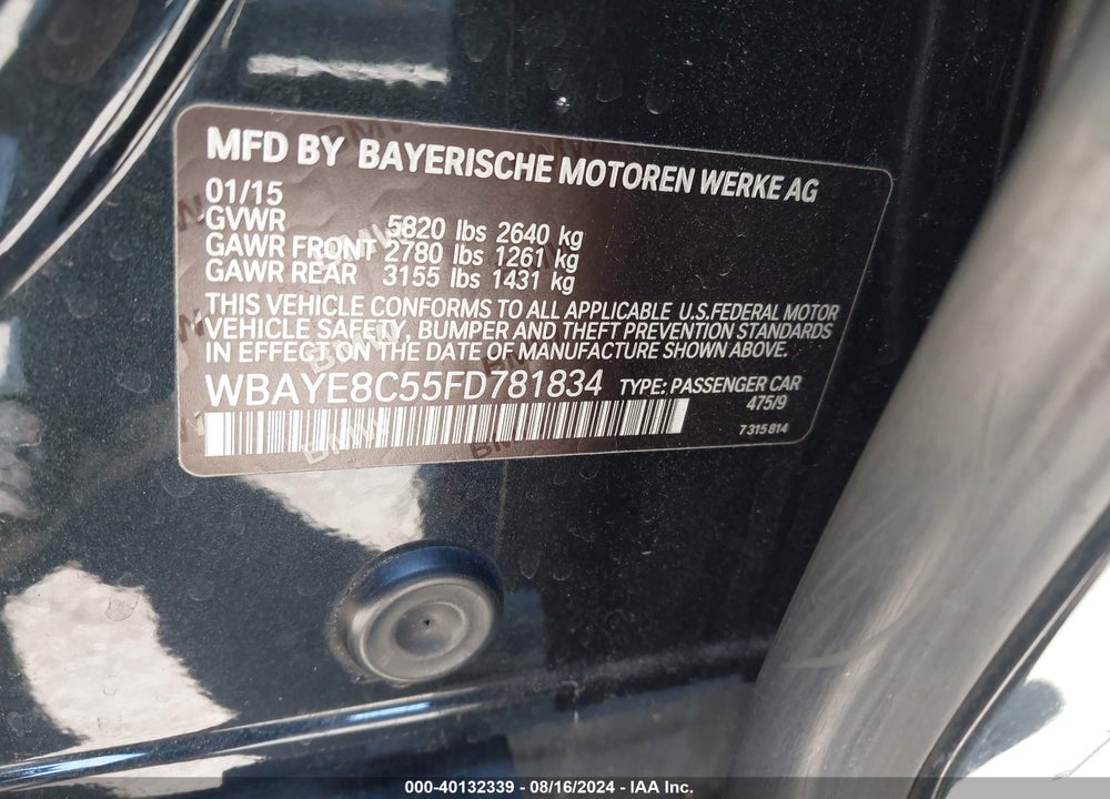 2015 BMW 750LI VIN: WBAYE8C55FD781834