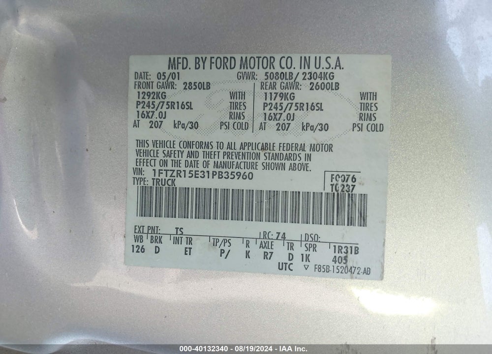 2001 FORD RANGER EDGE/XLT VIN: 1FTZR15E31PB35960