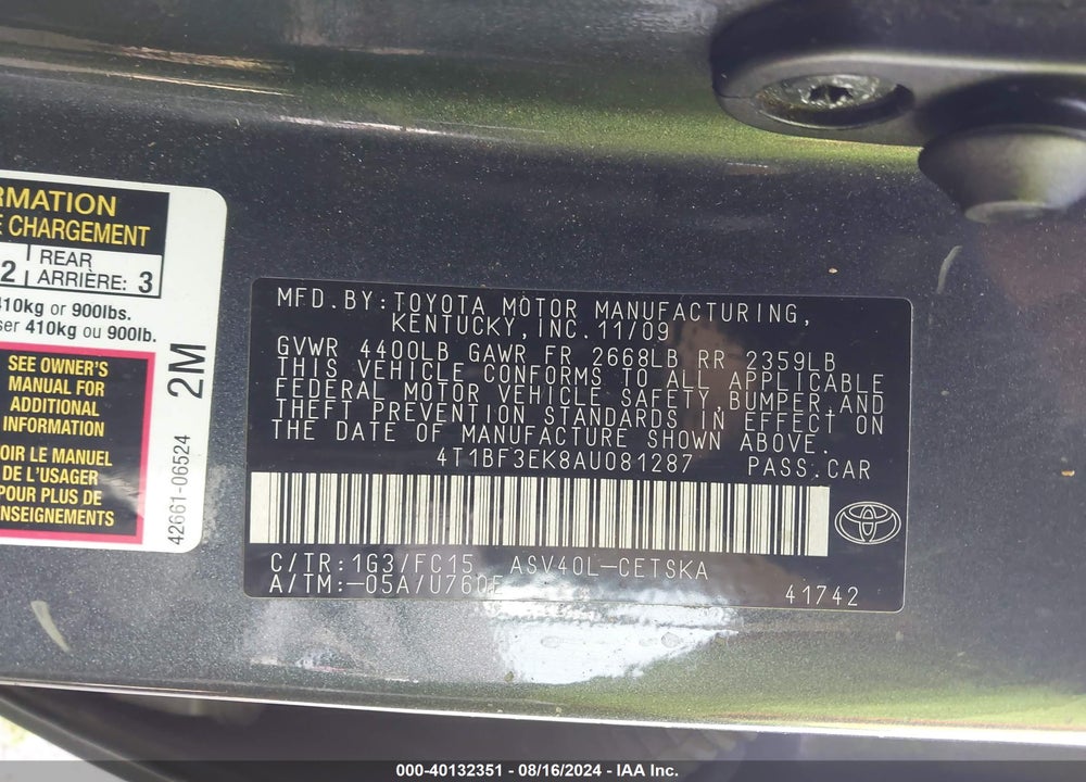 2010 TOYOTA CAMRY SE VIN: 4T1BF3EK8AU081287