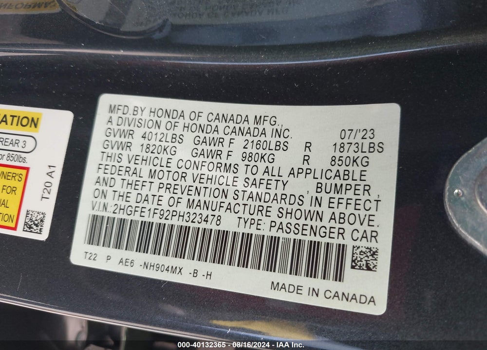 2023 HONDA CIVIC TOURING VIN: 2HGFE1F92PH323478